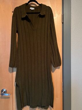 Olive Ribbed Knit Collared Sweater Dress
